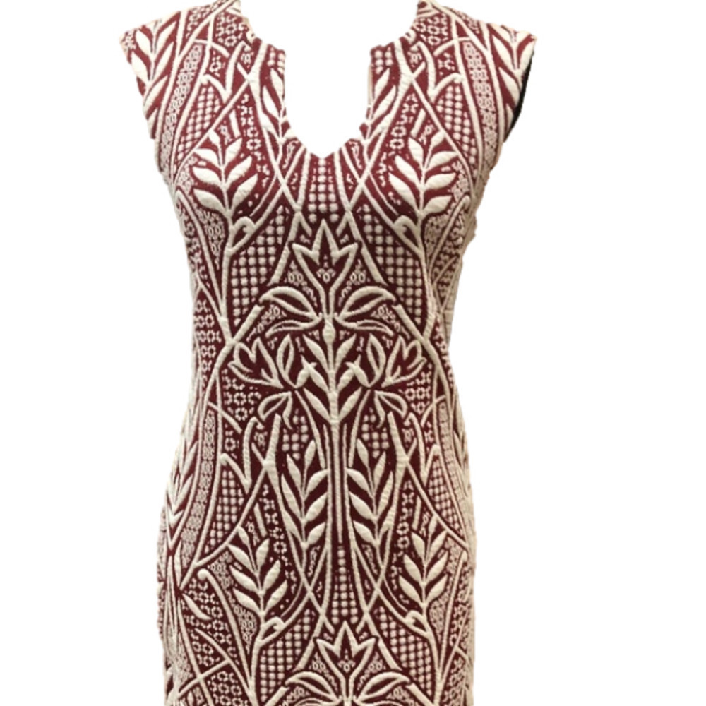 𝅺Anthropologie HD in Paris Picotage Red + White Textured Jacquard Sheath Dress - Picture 2 of 11
